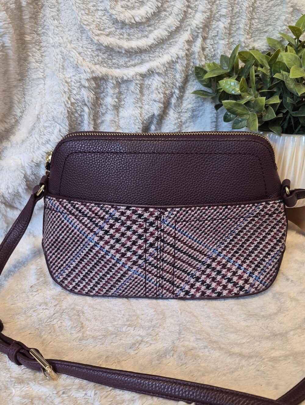 NEW Talbots Burgundy Leather & Tartan Plaid Crossbody Bag Purse 10.5 X 7 X3.5 In